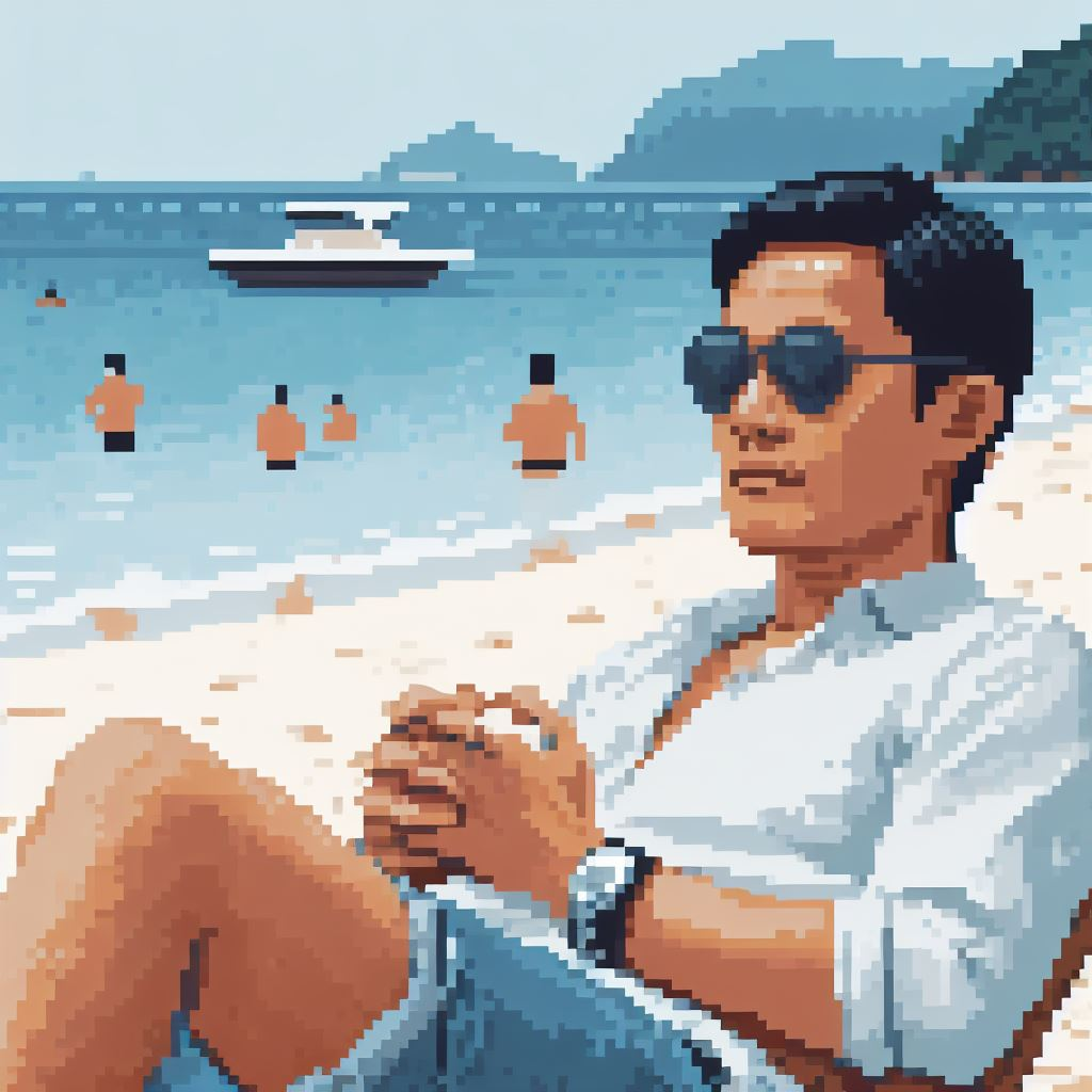 a man relaxing on the beach. In the background is a several swimmer in the water and a small yacht