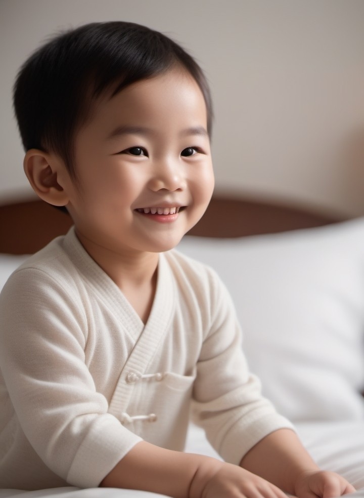 A child is sitting on the bed. He is smiling and wearing a clean, white Chinese-style jacket