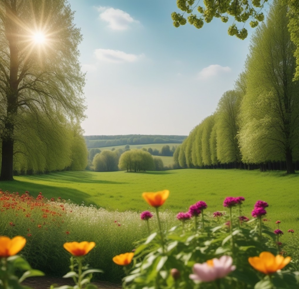 Under a sunny sky, a flower field in the foreground and a forest in the background