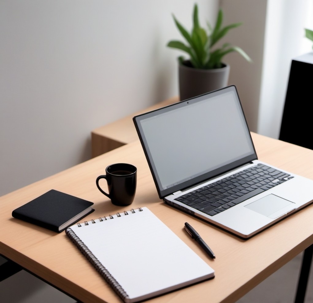 A clean looking wooden desk inside a room. On top of the desk are, from left to right, a small black book, an open notepad, a small black tea cup, a pen, and a laptop. There is a small house plant with green leaves in the background