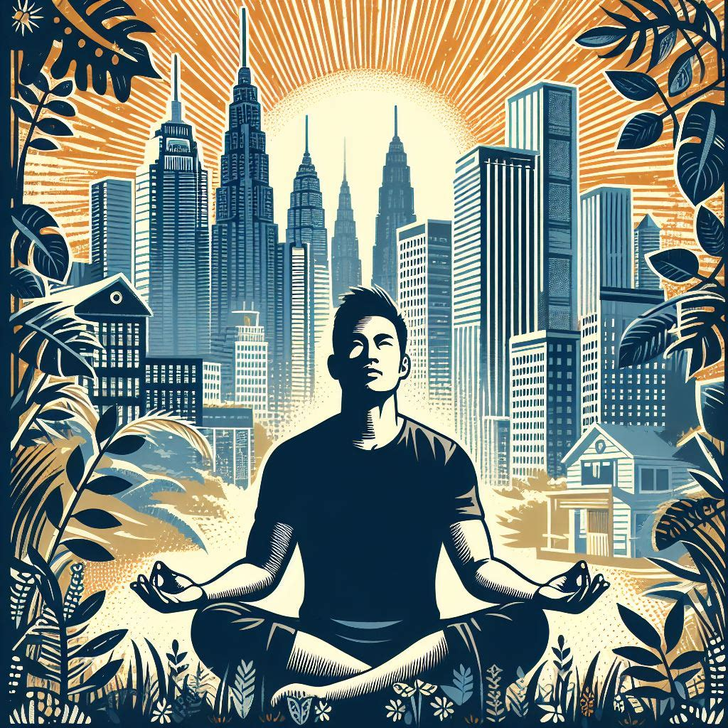 A man meditating in front of a row of skyscrapers and buildings